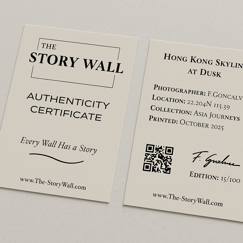 Two 'The Story Wall' authenticity certificate cards on a light gray background
