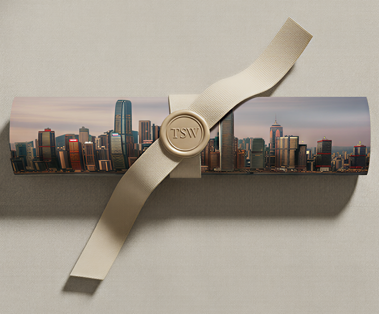 Product packaging with a cityscape design, authenticity certificate, and brand logo on a gray background.